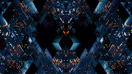 Abstract image of a cyber security concept with dark geometric shapes and colorful lights.